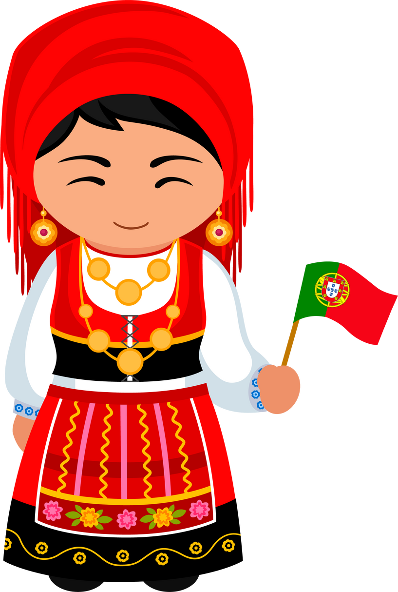 Woman in Portugal ethnic dress with national flag.